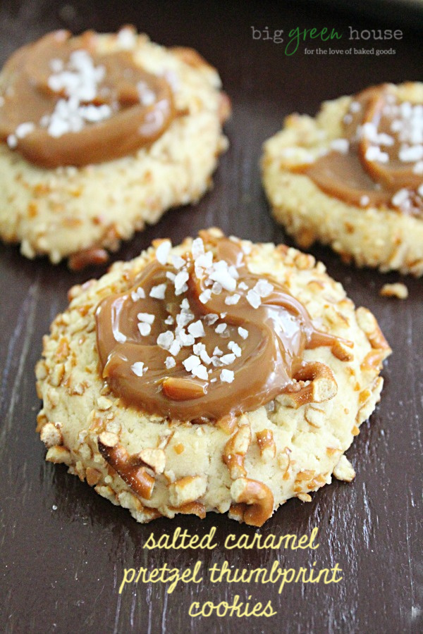 Salted Caramel Pretzel Thumbprint Cookies - Big Green House #pretzel #saltedcaramel #cookies #salt #caramel