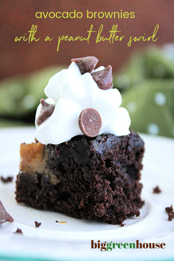 Avocado Brownies with a Peanut Butter Swirl- Big Green House #brownies #avocado #chocolate #dessert #peanutbutter