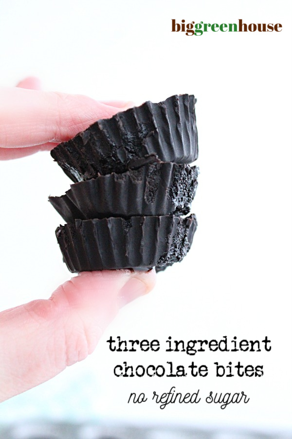 Three Ingredient Chocolate Bites No Refined Sugar- Big Green House #chocolate #nobake #dessert #chocolatebites #norefinedsugar
