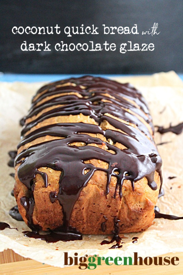 Coconut Quick Bread - Big Green House #coconut #quickbread #chocolate #glaze #bread