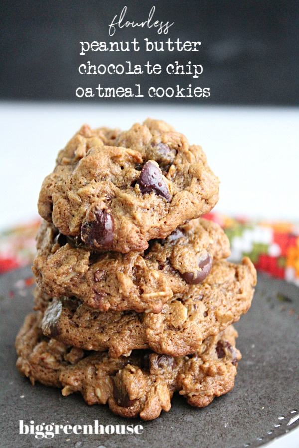 Flourless Peanut Butter Chocolate Chip Oatmeal Cookies- Big Green House #peanutbutter #chocolatechip #cookies #oatmeal #flourless