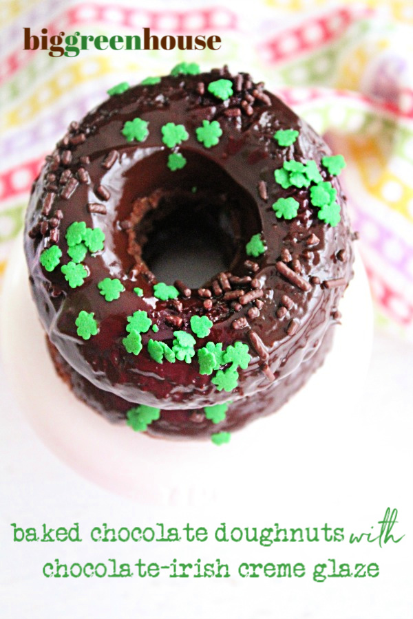 Baked Chocolate Doughnuts with Chocolate-Irish Creme Glaze - Big Green House #doughnuts #donuts #baked #chocolate #glaze #irishcreme