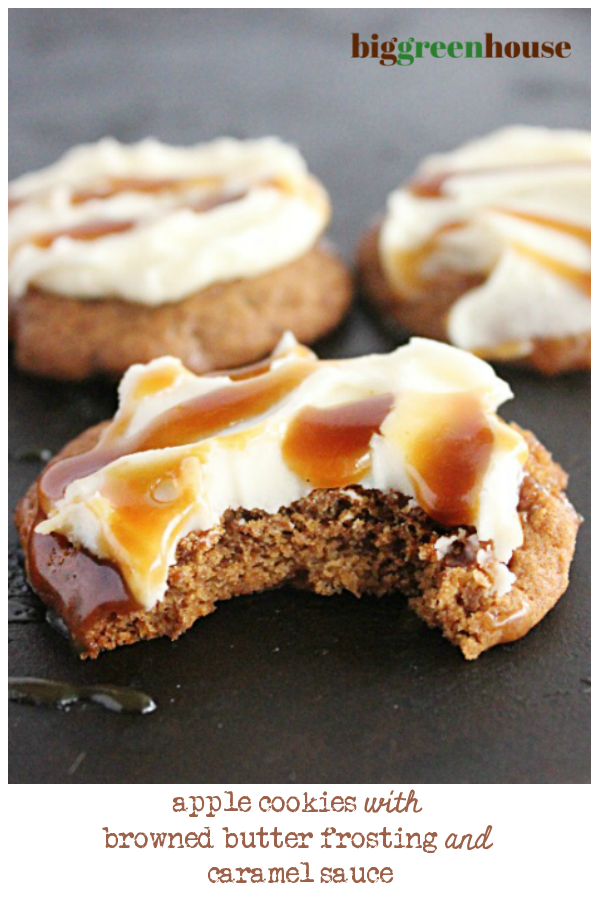 Apple Cookies with Browned Butter Frosting and Caramel Sauce- Big Green House #cookies #apple #applecookies #brownedbutter #caramelsauce #dessert
