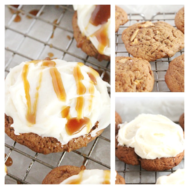 Apple Cookies with Browned Butter Frosting and Caramel Sauce- Big Green House #cookies #apple #applecookies #brownedbutter #caramelsauce #dessert