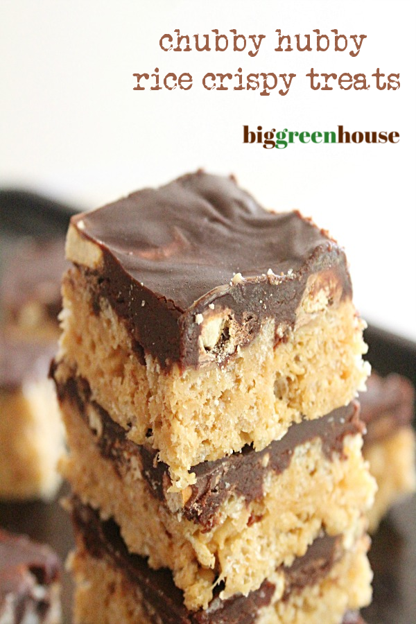 Chubby Hubby Rice Crispy Treats- Big Green House #biggreenhouseblog #ricekrispies #crispyricetreats #chubbyhubby #nobake #peanutbutter #chocolatepretzels