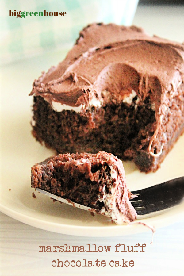 Marshmallow Fluff Chocolate Cake- Big Green House #cake #chocolatecake #marshmallowfluff #dessert