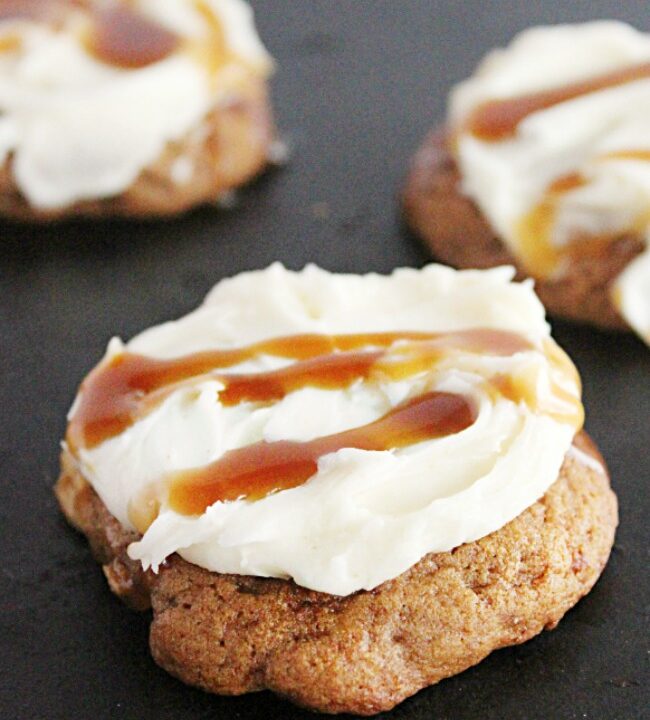 Apple Cookies with Browned Butter Frosting and Caramel Sauce- Big Green House #cookies #apple #applecookies #brownedbutter #caramelsauce #dessert