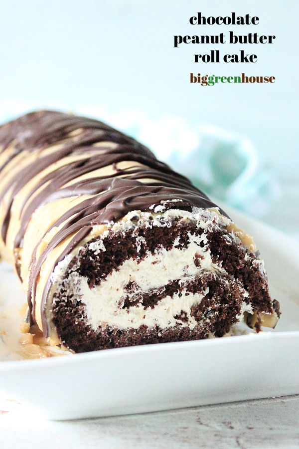 Chocolate Peanut Butter Roll Cake- Big Green House #biggreenhouseblog #rollcake #peanutbutter#chocolate #cake #dessert
