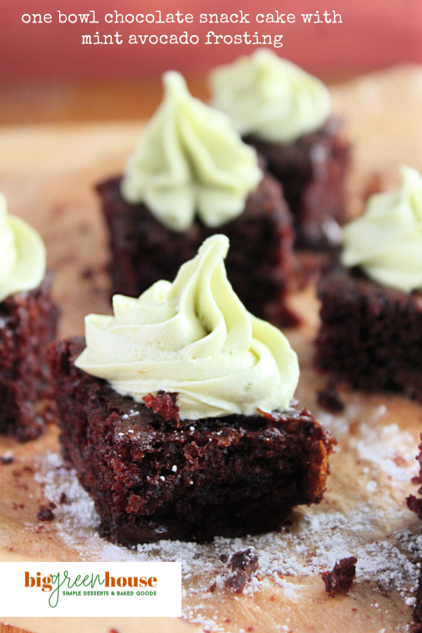 One Bowl Chocolate Snack Cake with Mint Avocado Frosting- Big Green House