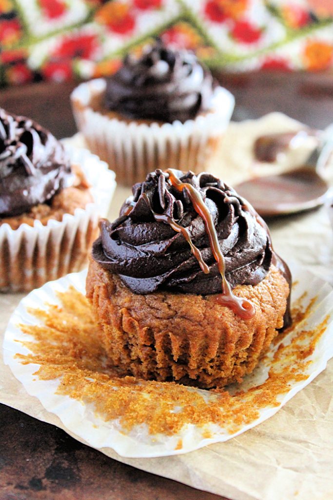 Caramel Filled Pumpkin Cupcakes with Chocolate Caramel Buttercream Frosting- Big Green House