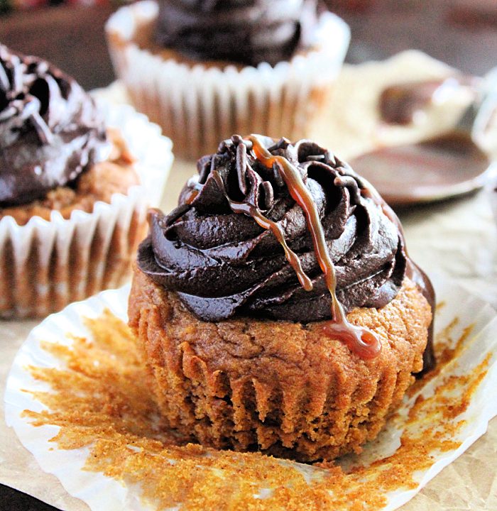 Caramel Filled Pumpkin Cupcakes with Chocolate Caramel Buttercream Frosting- Big Green House