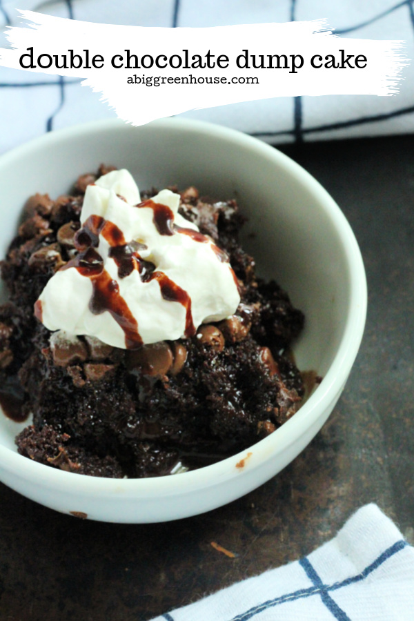 Double Chocolate Dump Cake- Big Green House- The easiest and chocolate cake you will make.  Dump your ingredients into your pan, mix and tada!  Double. Chocolate.Cake.  Yum! 
