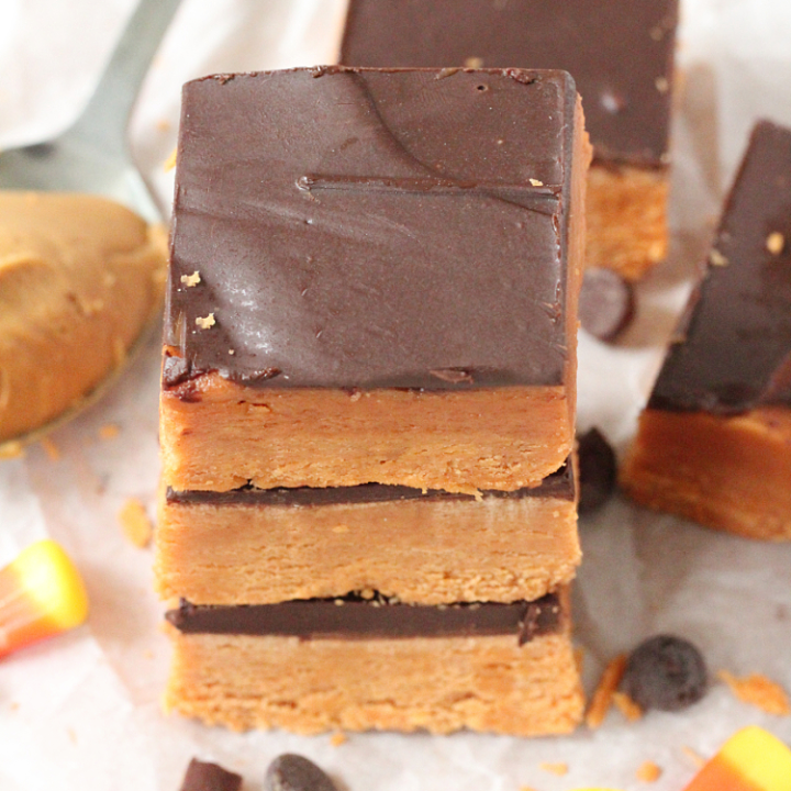Butterfinger Bars- Just three ingredients for these no bake bars! They taste just like a Butterfinger candy bar and put that candy corn in your pantry to good use.