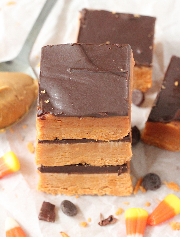 Butterfinger Bars- Just three ingredients for these no bake bars! They taste just like a Butterfinger candy bar and put that candy corn in your pantry to good use.