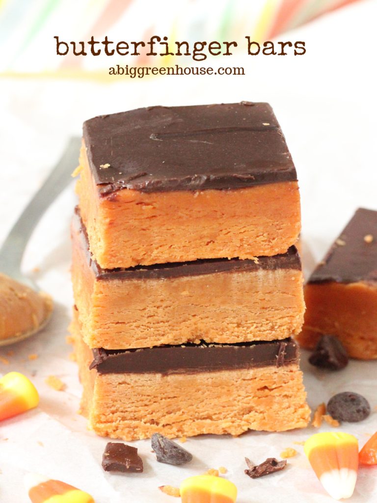 Butterfinger Bars- Just three ingredients for these no bake bars! They taste just like a Butterfinger candy bar and put that candy corn in your pantry to good use.