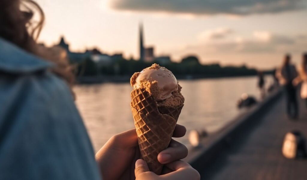 A refreshing ice cream treat while strolling along the picturesque riverfront promenade the perfect summer day by the water