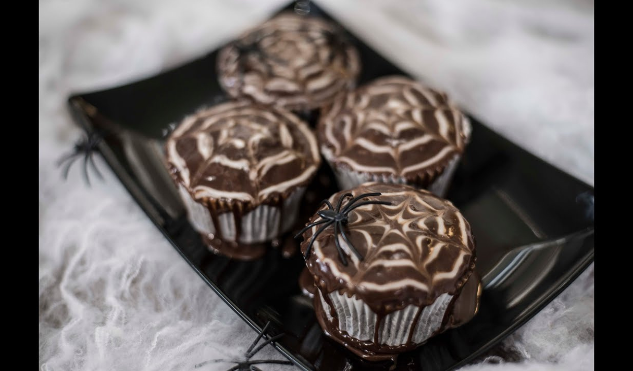 Black Velvet Cupcakes with Spider Web Icing