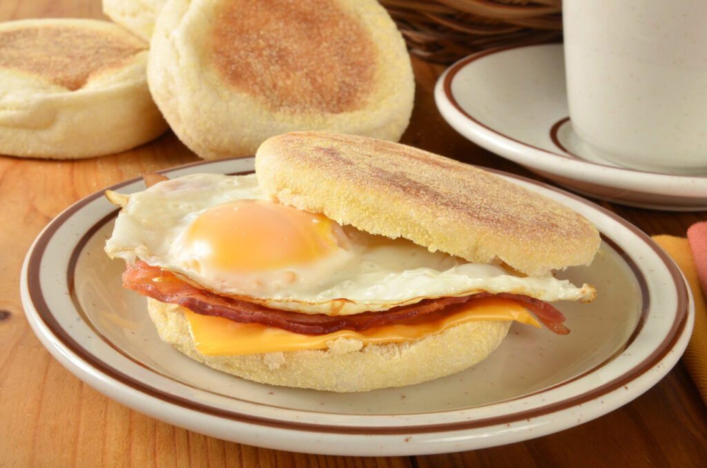 Classic bacon, egg, and cheese on a toasted English muffin