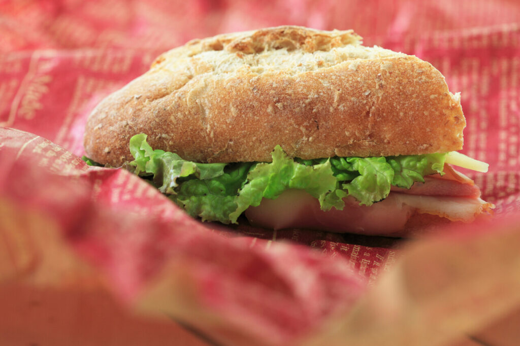 Healthy whole wheat bun sandwich with veggies, egg, and melted cheese