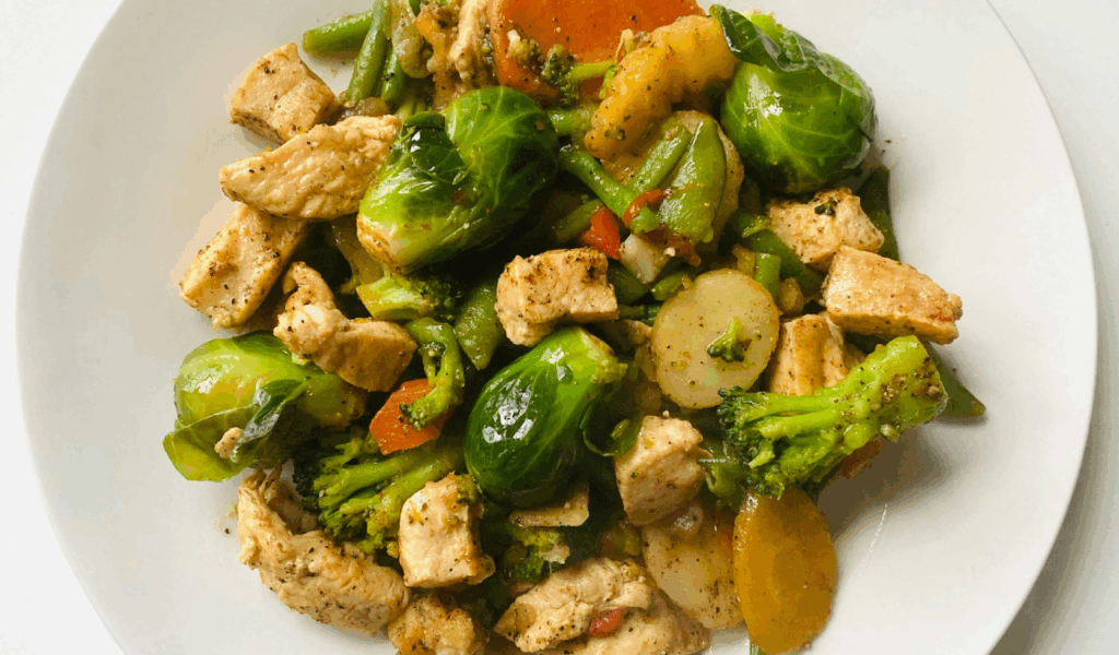 Balsamic Chicken with Brussels Sprouts and Sweet Potatoes