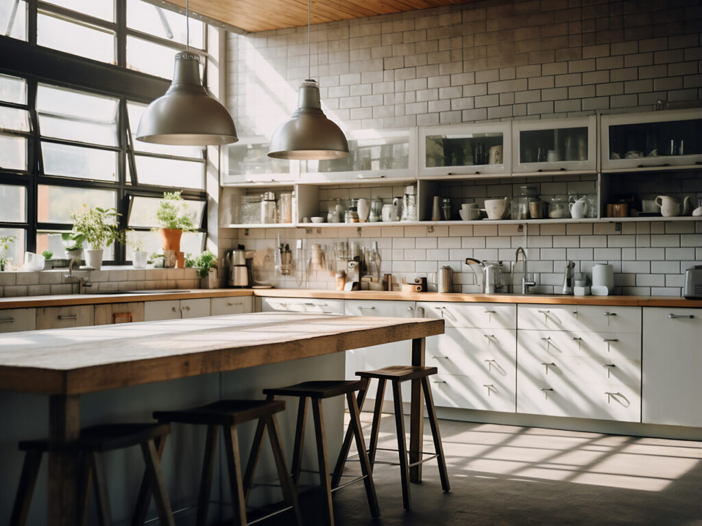 Modern kitchen interior with wooden countertop and stools.