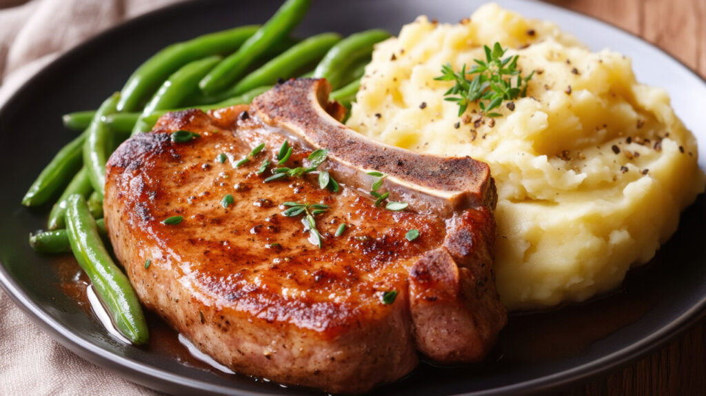 Pork Chop and Potato Bake with Onions and Sour Cream Topping