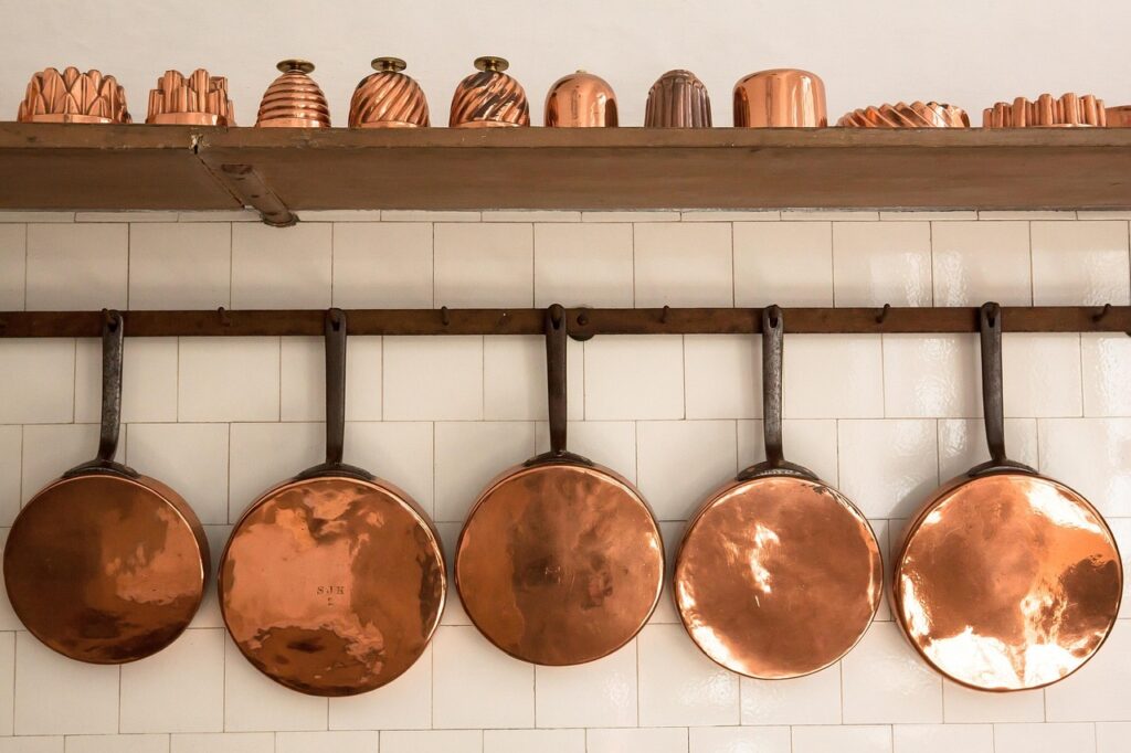 Vintage copper molds and barware