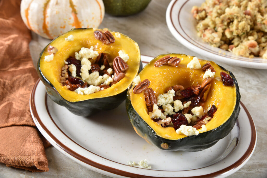 Stuffed Acorn Squash with Wild Rice and Pistachios