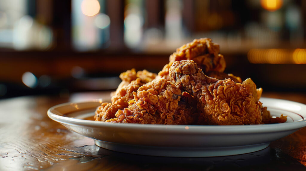 A plate of fried chicken on a wooden table in front of the window