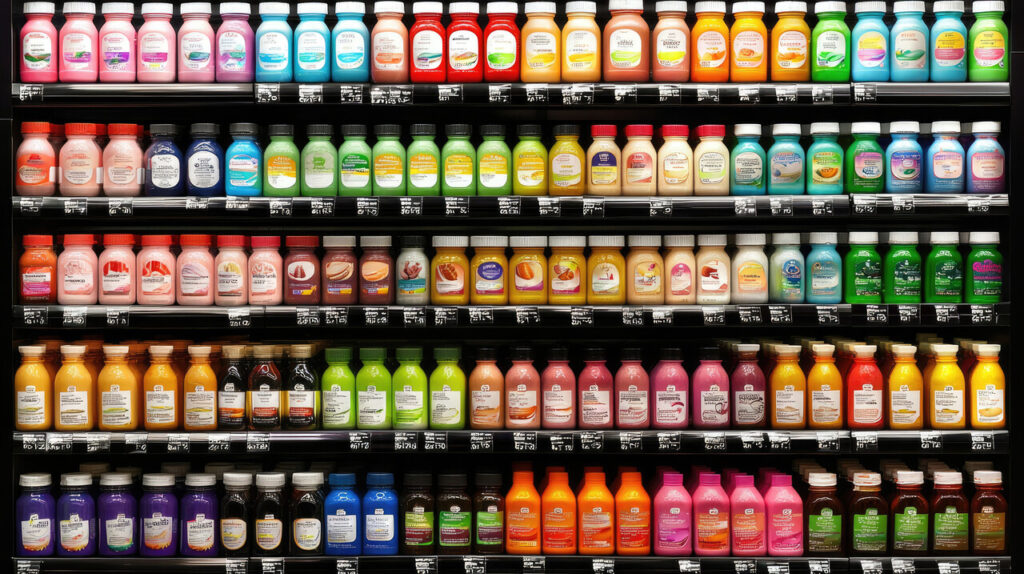Colorful Display of Various Drink Bottles on Supermarket Shelf Organized by Flavor and Color
