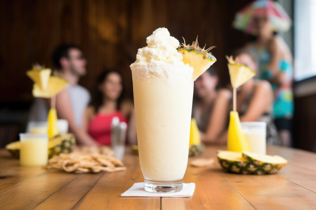 pina colada served on a wooden table 