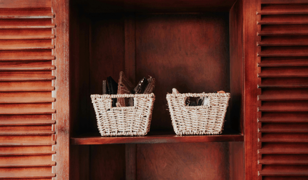Deep Decorative Baskets Placed on Top of Cabinets