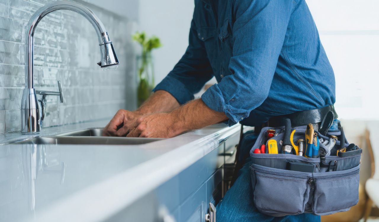 Hispanic male plumber is working on kitchen sink, wearing blue shirt and utility belt filled with tools, demonstrating professional plumbing skills and home repair