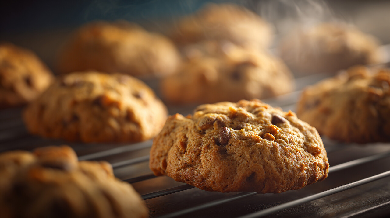 Delicious fresh baked chocolate chip cookies cooling on a rack, steaming.