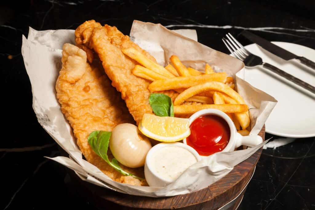 fish and chips in bucket