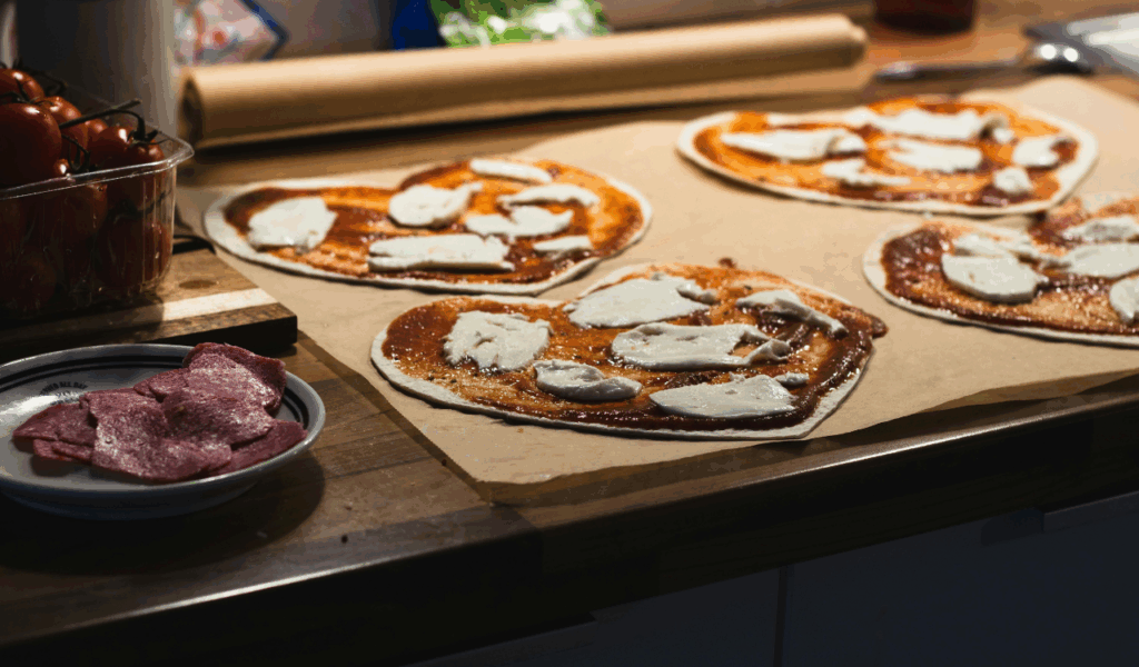 Mini heart pizzas loaded with cheese