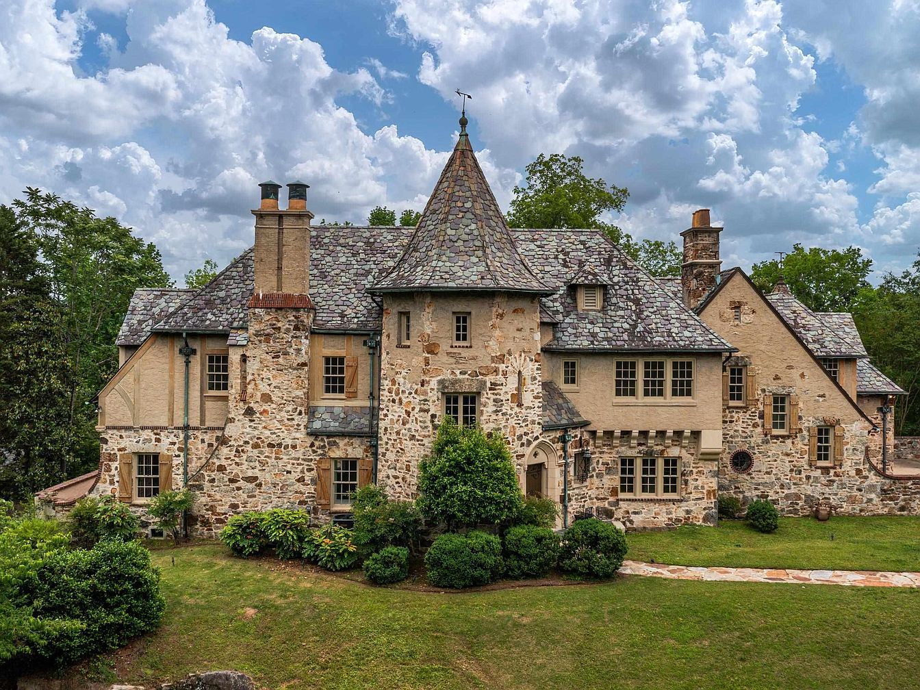 Antique 1929 Mountain Brook, Alabama Masterpiece Featuring Exquisite Stonework, Gothic Archways, and Lush Gardens