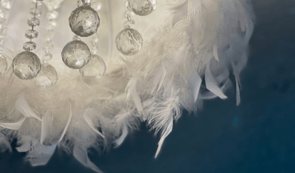 Iridescent Feather Boas on Chandeliers