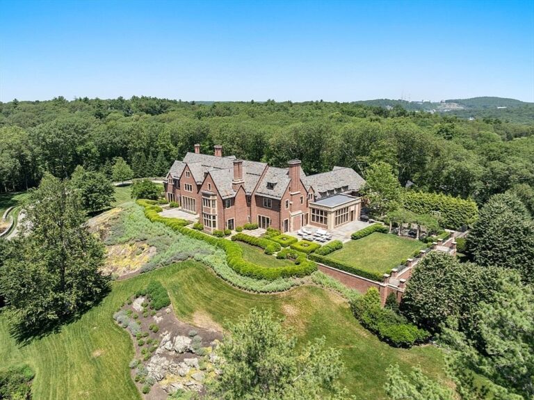 1928 English Revival Tudor in Weston, Massachusetts, Nestled on 6 Acres with Red-Clay Masonry, and Ohio Sandstone Columns