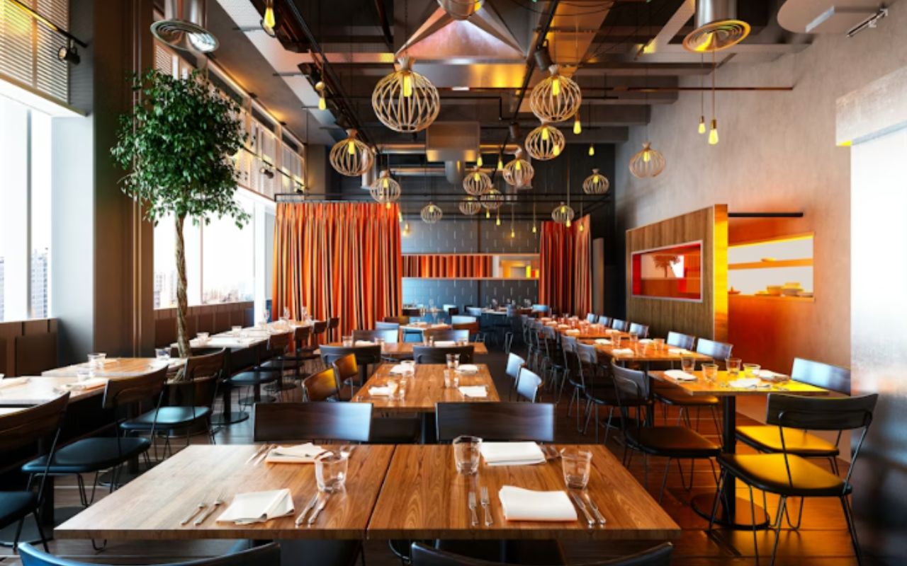 Assorted colorful fast casual restaurant meals arranged neatly on a wooden table in a bright modern dining space