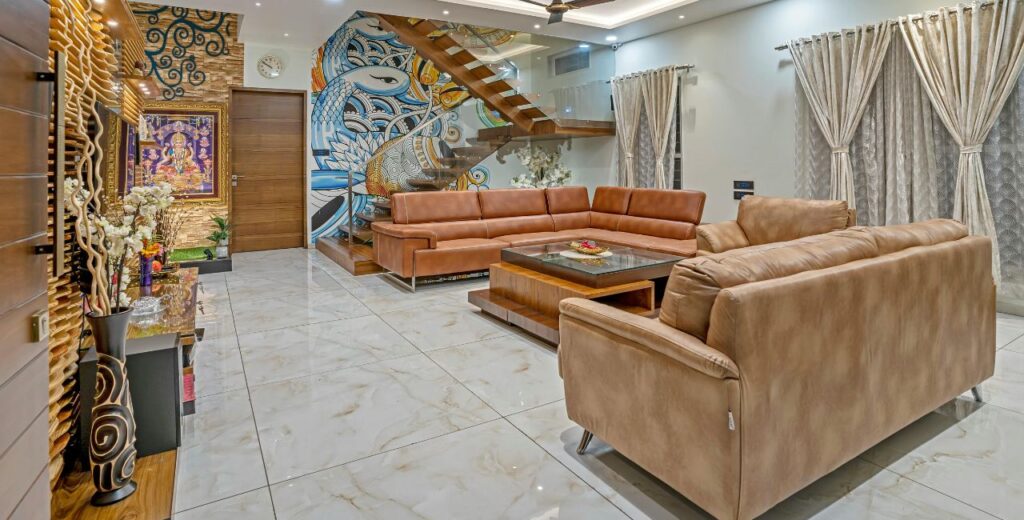 A modern living room with an embossed leather sofa showing early surface wear in a dry climate