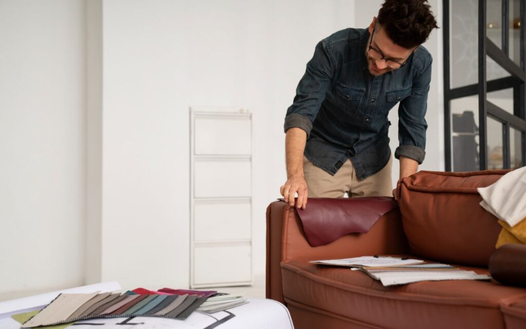 High-end designer leather sofa with detailed embossing displayed in a minimalist home interior