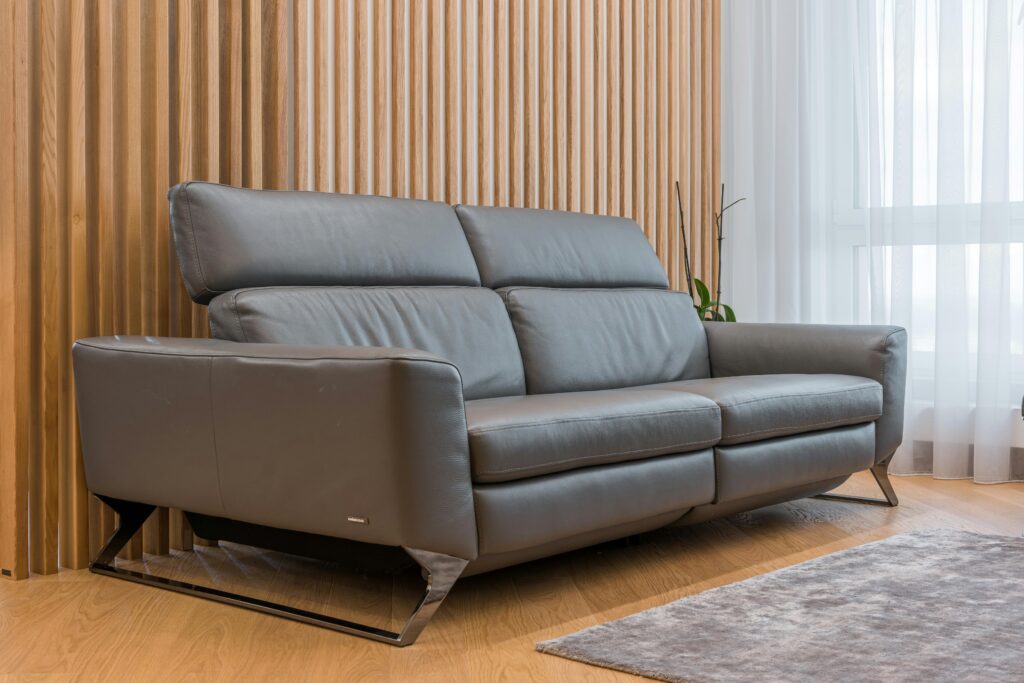 High-end designer leather sofa with detailed embossing displayed in a minimalist home interior