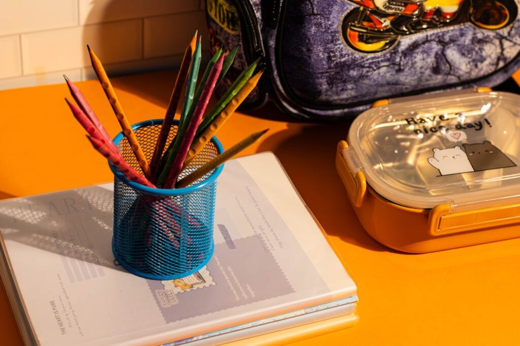 Use Labeled Bins for Kids’ School Supplies and Lunch Items