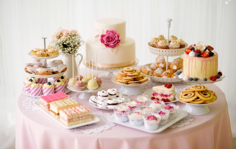 Assorted Aldi desserts including almond cake, cheesecakes, croissants, and macarons beautifully arranged on a table
