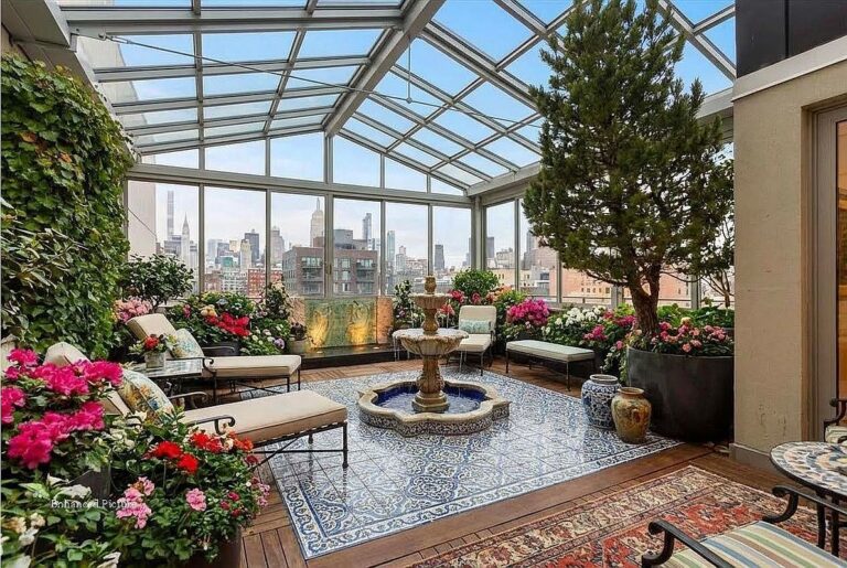 Stunning 1920 Duplex Penthouse in New York With Exquisite Gardens, a Wood-Burning Fireplace, and a Fountain Inspired by Versailles