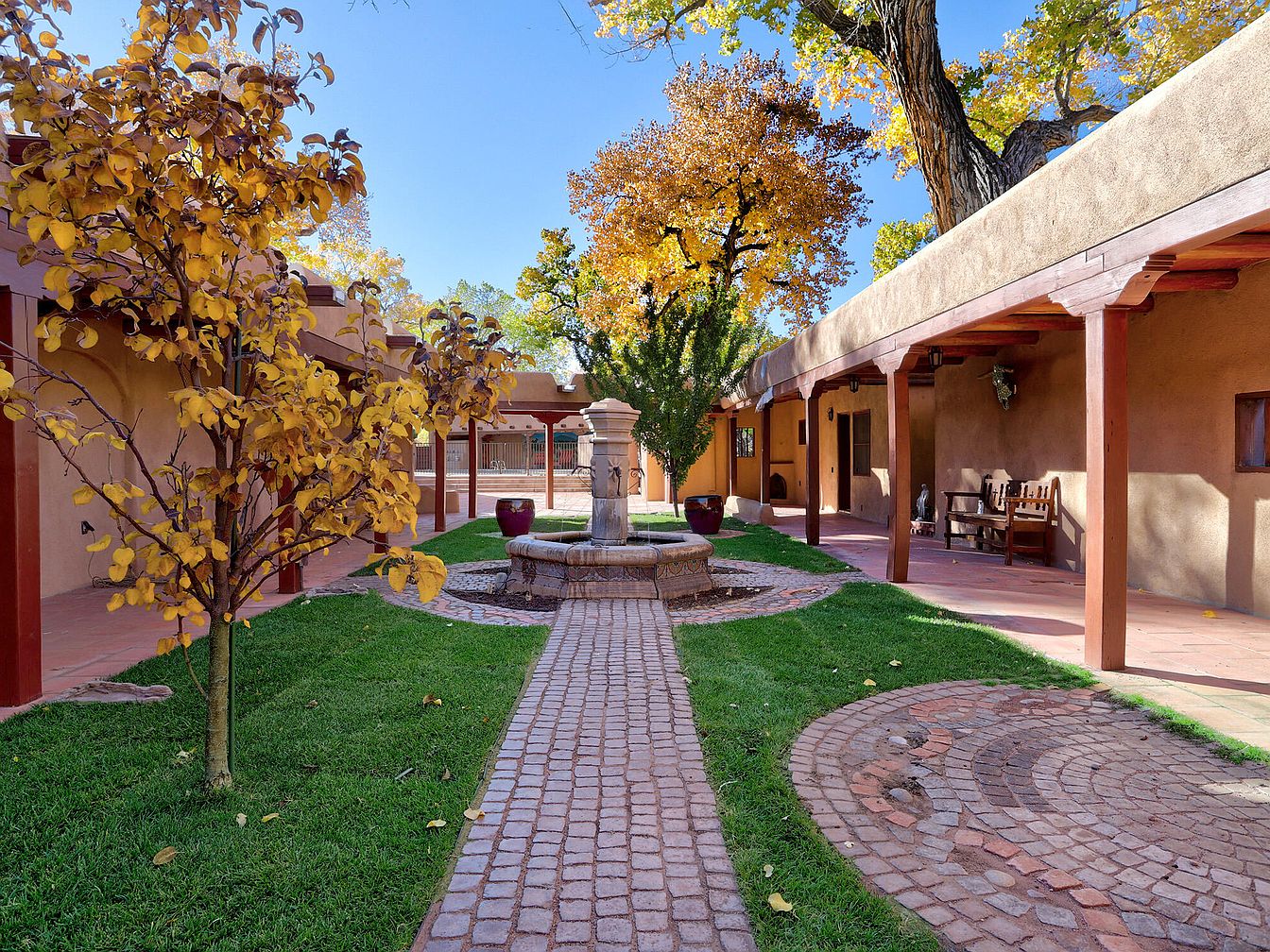 1965 Adobe Hacienda in Corrales, New Mexico, with Multi-Generational Living, Three Casitas, and a Moroccan Fountain in the Courtyard
