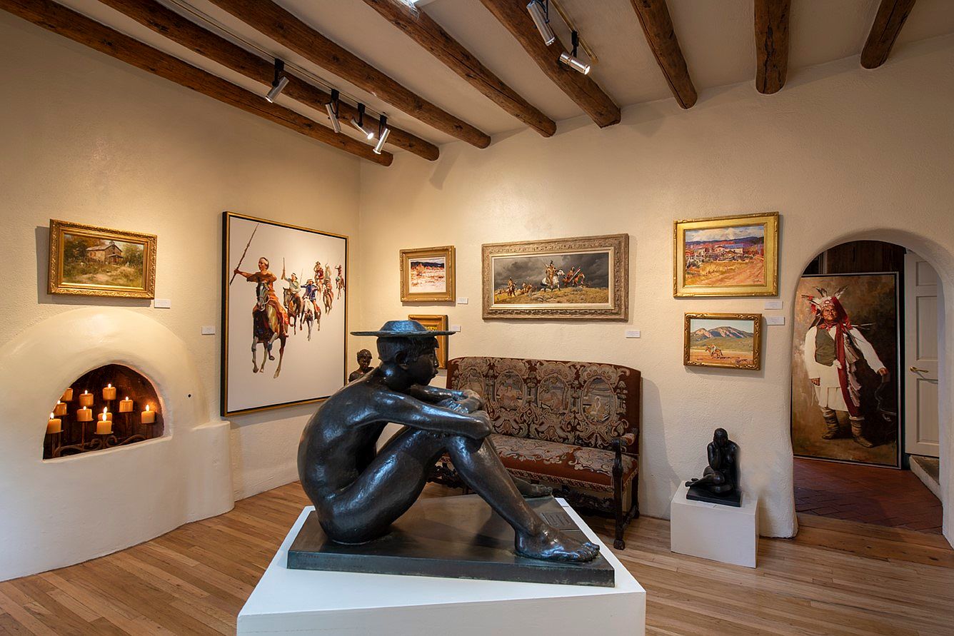 Enchanting 1968 Historic Garden Compound in Santa Fe, New Mexico, Featuring Lush Gardens, a Waterfall Pond, and a Art Gallery