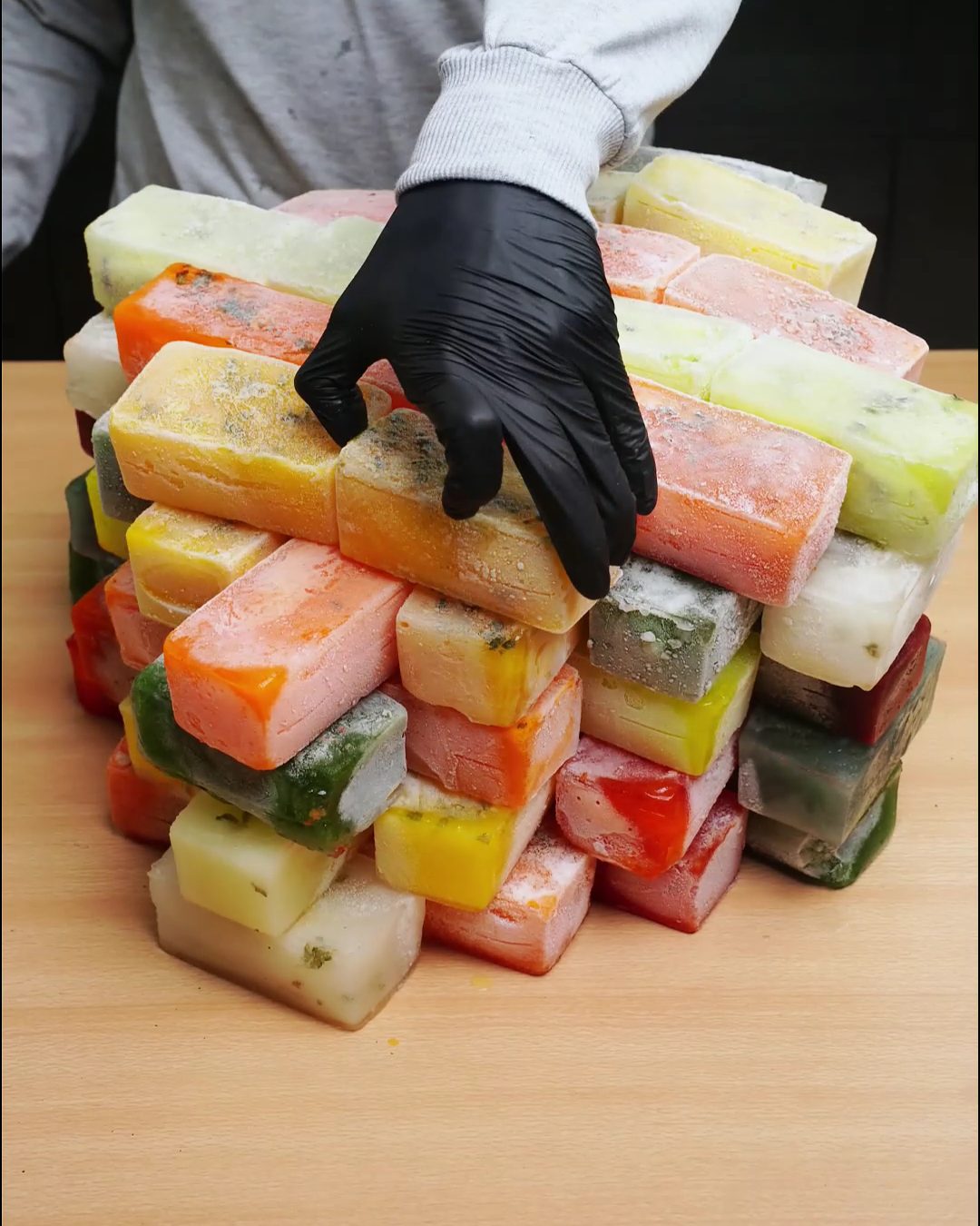 A tall stack of colorful frozen sauce blocks on a wooden counter