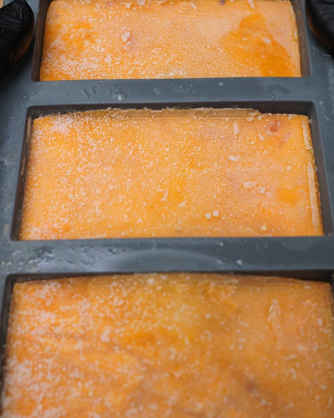 Frozen tomato cream sauce blocks in a gray silicone freezer mold
